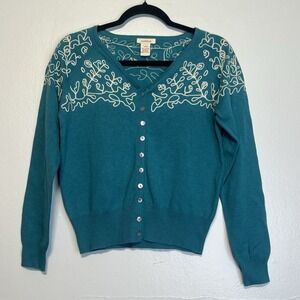 Sundance Sweater Womens Sz S Teal Cardigan Embroidered Cotton Floral V-Neck